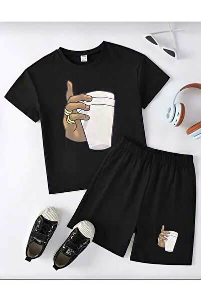 FORTITTUDO Σετ σορτς για κορίτσια/αγόρια με στάμπα - Με φλιτζάνι καφέ