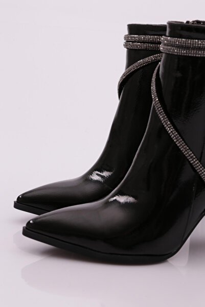 DGN Kadın Sivri Burun Silver Ip Taşlı Topuklu Bot Siyah Rugan 9143284