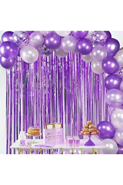 Deniz Party Store Mor Lila Beyaz Şeffaf Konfetili Perdeli Zincir Balon Set 80...