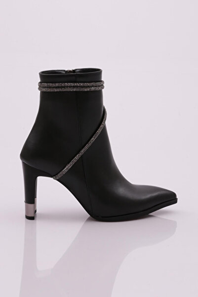 DGN Γυναικείες μπότες με μυτερή ασημένια σχοινί πέτρα με τακούνι μαύρο δέρμα ...