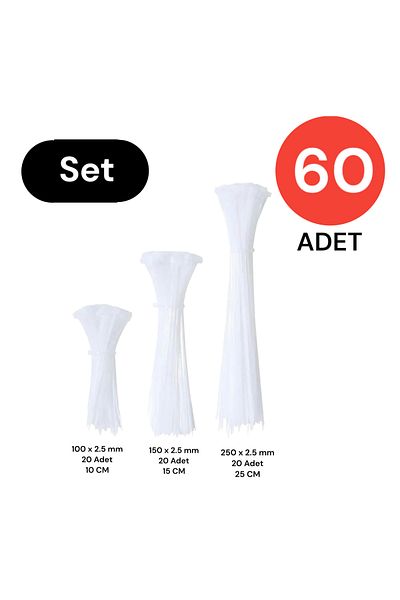 Tek-İş طقم مشبك ربطة كابل بلاستيك 100-150-250 × 2.5 مم أبيض (20 × 3) 60 قطعة