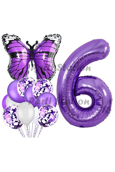 Parti Station Mor Kelebek Konsept 6 Yaş Balon Set Butterfly Kelebek Mor Rakam...
