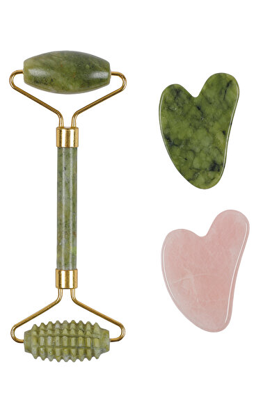 İLTERUS Tırtıklı Yeşim Face Roller, Pembe Kuvars Kalp Ve Yeşim Kalp Gua Sha Set