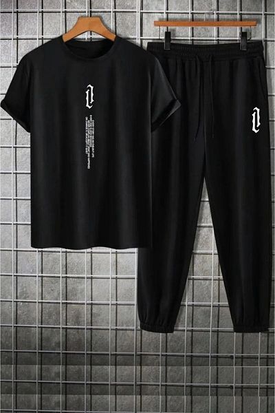 PALPİTO Μαύρο Σετ φόρμας Jogger και Oversize T-Shirt με κάθετη στάμπα - Ανδρικά