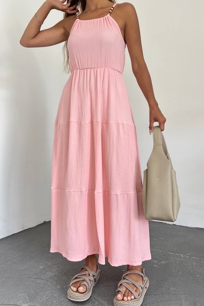 bayansepeti فستان صيفي وردي متوسط الطول بطبقات واسعة مع تفاصيل خرز على الأشرط...