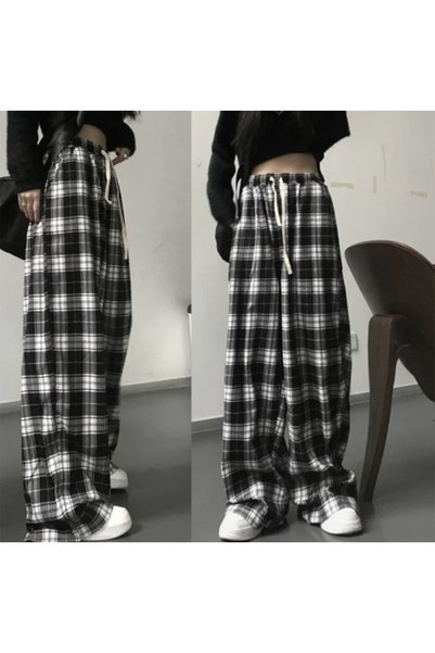 DEEFWEAR Unisex Detailled Plaid Pants with Elastic Waist