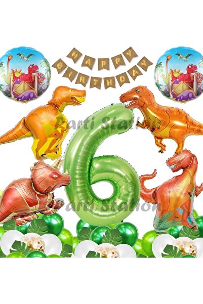 Parti Station Orman Tema Jurassic Park Dinozor Konsept Yeşil Rakam Balon 6 Ya...
