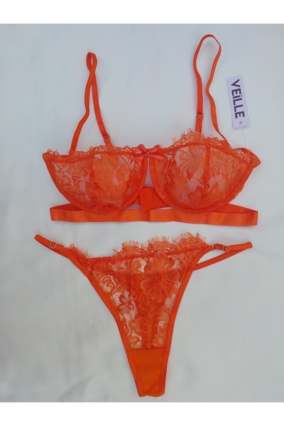 mefbutik VEİLLE Set de lenjerie intimă cu sârmă portocalie fără suport din dantelă și tip șnur