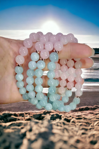 NBS Beautiful Naturel Stones Akuamarin , Pembe Kuvars Doğal Taş Bileklik
