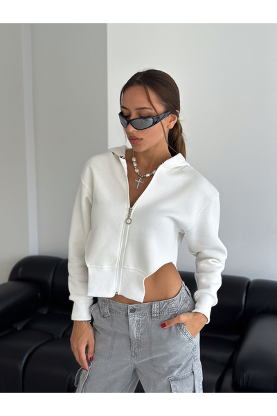ÖNÜ FERMUARLI KAPÜŞONLU SWEATSHİRT Beyaz