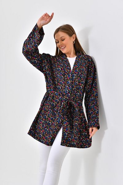 mirach Minimal Floral Patterned Viscose Kimono - Black Viscose Cotton Pareo Caftan Top Coat Hijab Oversize
