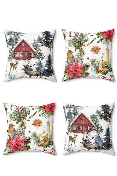 FUS BLUE New Year's Patterned Christmas 4-Piece Pillow and Cushion Cover