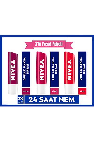 NIVEA Dudak Bakım Kremi & Dudak Parlatıcısı Böğürtlen- Kiraz- Çilek 3 Adet, Doğal Yağlar ile 24 Saat Nem