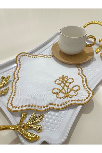 AYNAKIŞÇEYİZ Set de 6 șervețele de prezentare din in, brodate autentice de lux, maro