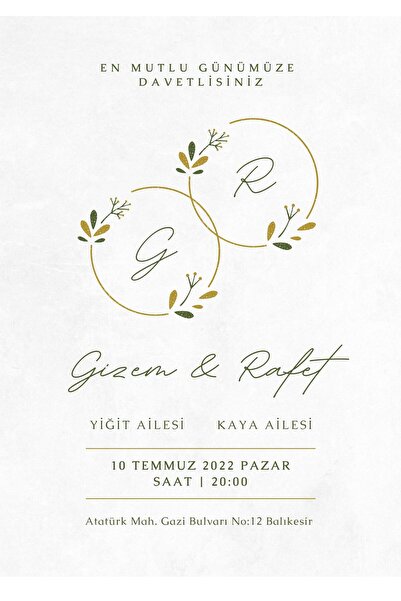 Galaksim Store Zarif Minimalist Düğün Nişan Söz Nikah Davetiye