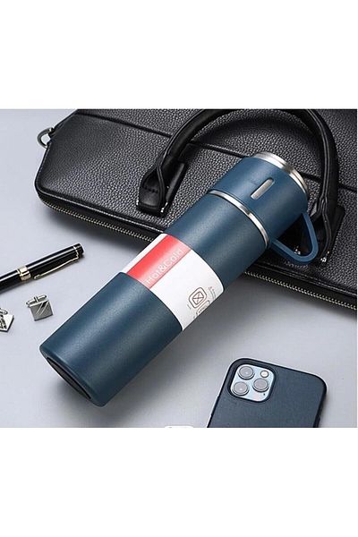 saraaydınbutik Stainless Steel Thermos Blue Color 3 Glass Thermos Set Vacuum Thermos Set