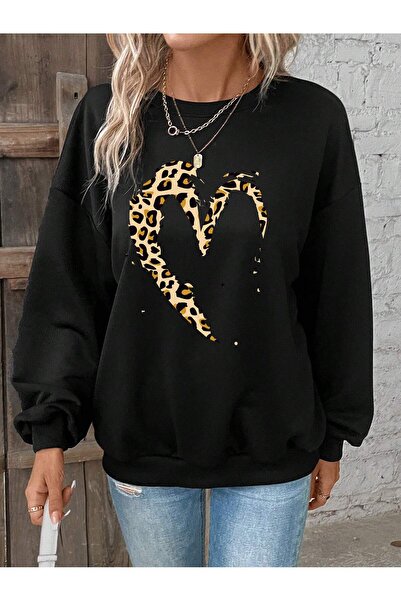 Adrift KOD ADR-SHEN LUNE Суитшърт с леопардов принт и сърца, с падащи рамене,...