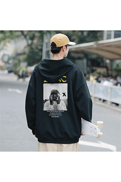 Toum Hanorac cu glugă supradimensionat unisex negru cu imprimeu M F 2Pac