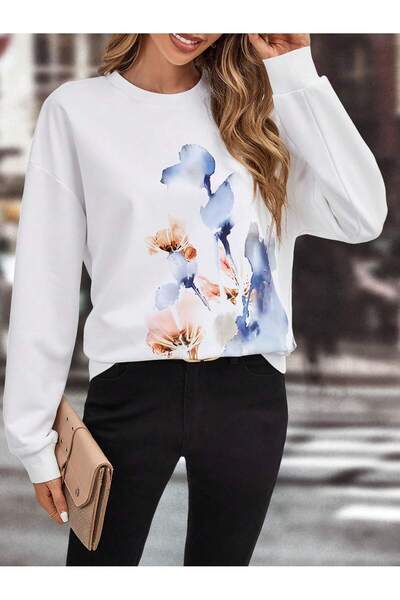 Adrift Φούτερ με φλοράλ σχέδιο και ριχτούς ώμους, λευκό