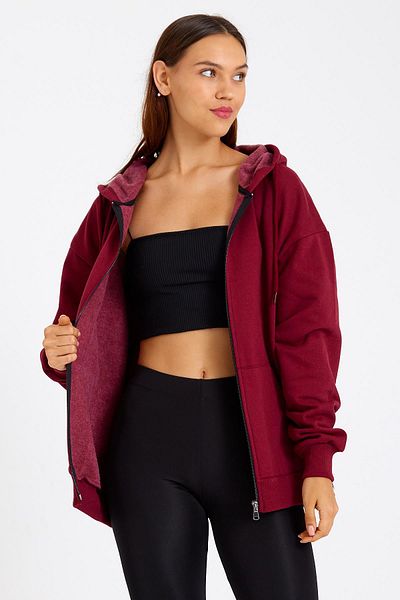 COMEOR Claret Red Kangaroo Pocket Hooded Zippered Cotton Inside Women's Cardigan