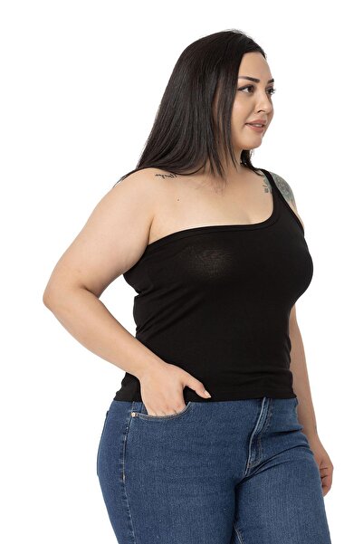 DISENTIS MODEST Large Size Single Shoulder Low-cut Viscose Black Body