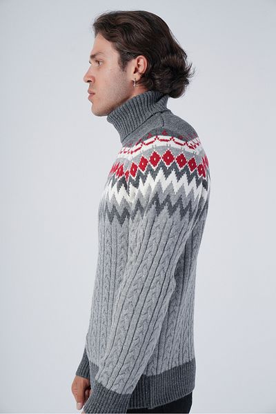 Trist Star Dark Grey-Grey Men's Hair Braided Jacquard Patterned Turtleneck Knitwear Wool Sweater