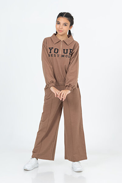 Tuffy Kids Girl's Text Printed Collared Zippered Oversize Seasonal Long Sleeve Double Suit 10-13 Years