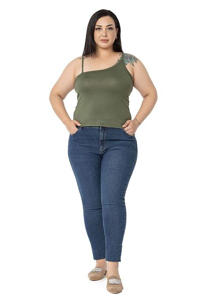 DISENTIS MODEST Plus Size Asymmetrical Strap Viscose Khaki Body
