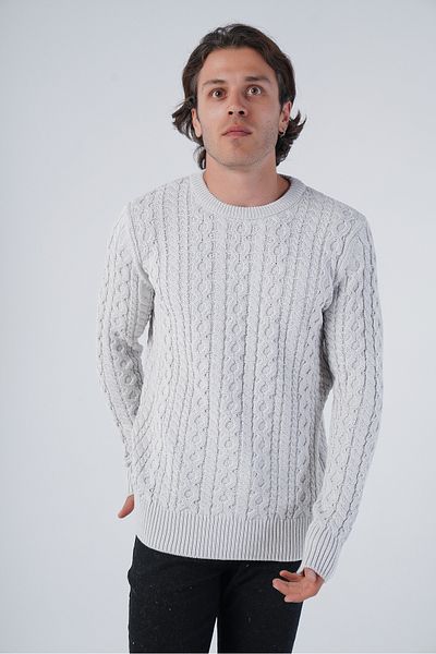 Trist Star Light Gray Men's Braided Cotton Crew Neck 100% Cotton Sweater