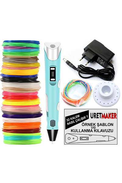 URETMAKER Blue Color 3D Pen Pen Printer and 100Meter Pla Filament (25 Colors X 4 Meter)