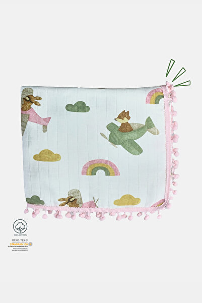 Bebek Müslin Ponponlu Oeko-tex Sertifikalı %100 Pamuk Yenidoğan Müslin Örtü - 85x100 Cm