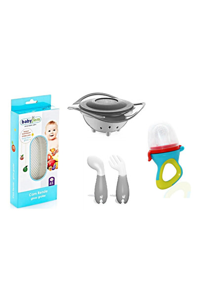 Babyjem Cam Rende + Dökülmeyen Tabak + Açılı Mama Kaşık Çatal Takımı + Silikon Uçlu Meyve Sebze Emziği