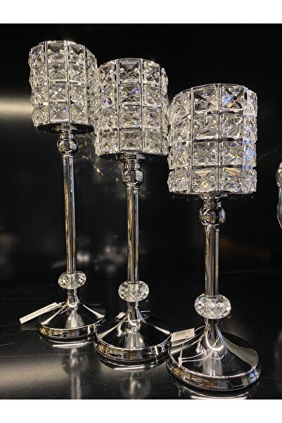 Cemile Kristal Taşlı 3’lü Şamdan Mumluk Gümüş Platin 1.boy 31 Cm 2.boy 36 Cm 3.boy 41 Cm