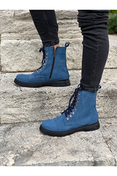 LONATOLİA Men's Genuine Leather Lace-Up Suede Boots-blue