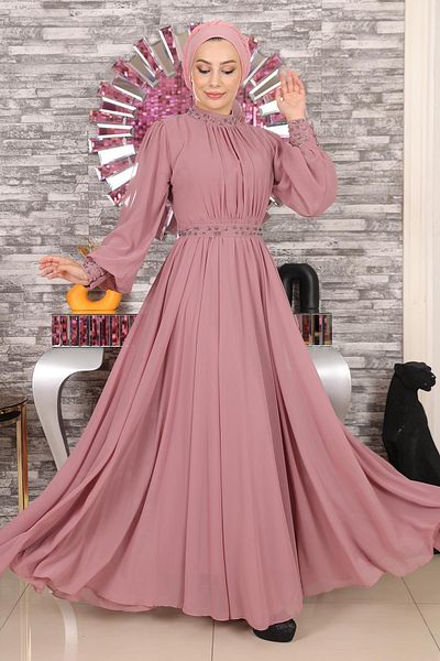 Modamihram Rochie de seara din sifon cu detalii din piatra Dusty Rose 19109