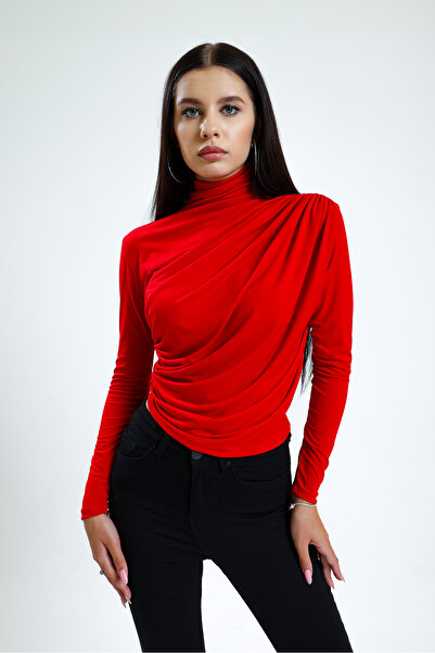 ladyzey γυναικεία κόκκινη ζιβάγκο μακρυμάνικη μπλούζα με σταυρωτό κορδόνι περίσφιξης