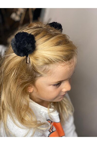 QUEEN AKSESUAR Plush Furry Black Pompon mare 2 bucăți set catarame clemă metalică