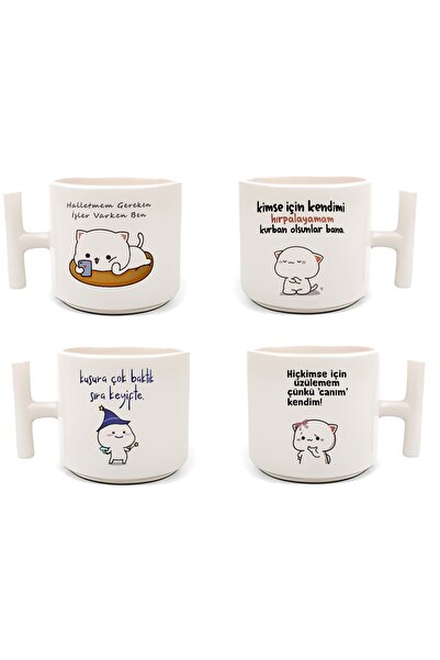HobiShop Yazılı Mochi Cat Baskılı 4 Lü Latte & Espresso Elyapımı T Kulplu Fincan