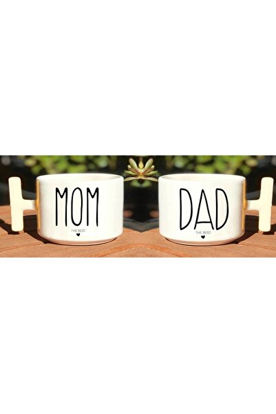 HobiShop Mom Dad The Best Baskılı Çift 2'li Beyaz T Kulp Kupa Bardak