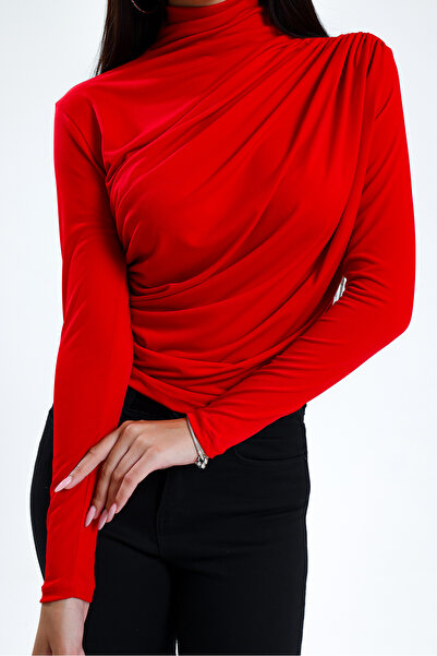 ladyzey γυναικεία κόκκινη ζιβάγκο μακρυμάνικη μπλούζα με σταυρωτό κορδόνι περίσφιξης