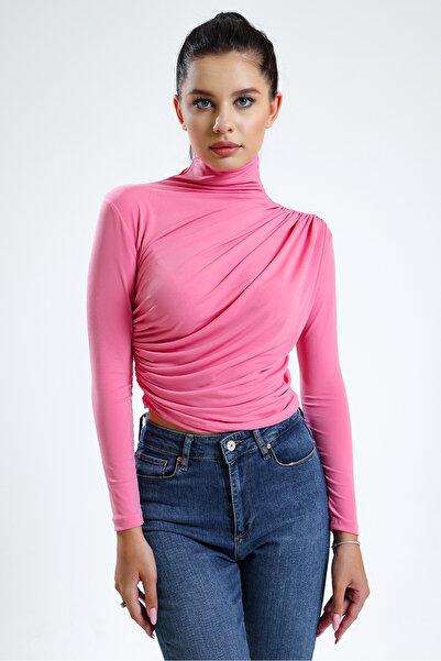 ladyzey γυναικεία ροζ ζιβάγκο μακρυμάνικη μπλούζα με χιαστί κορδόνι περίσφιξης