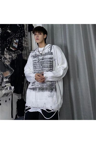 Touz Moda Φούτερ εκρού με μοτίβο γκράφιτι Harajuku Unisex Oversize