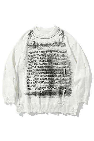 Touz Moda Harajuku Graffiti Patterned Unisex Oversize Ecru Sweater
