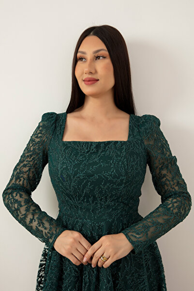 PULLIMM Kare Yaka Uzun Kol Simli Tül Abiye Elbise 1299