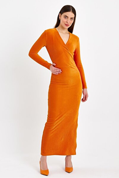 JAHR MARC Turuncu Yırtmaçlı Fitilli Kadife Elbise