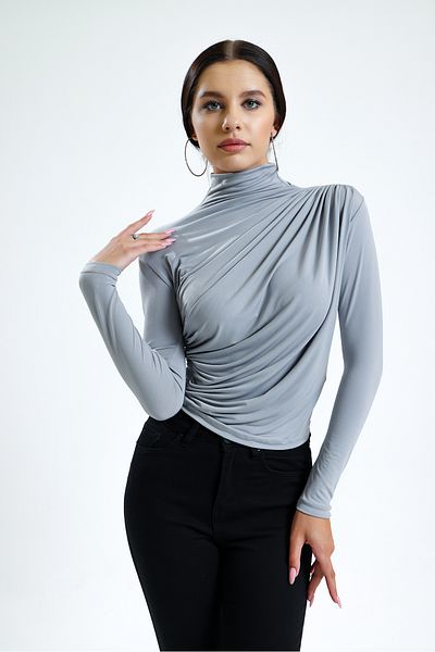 ladyzey γυναικεία γκρι ζιβάγκο μακρυμάνικη μπλούζα με χιαστί κορδόνι περίσφιξης