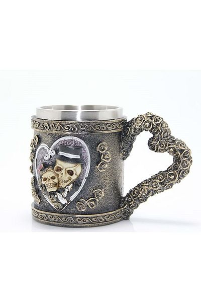 hediyeconcepti 450ml Stainless Steel Skeleton Lovers Embossed Mug Cup
