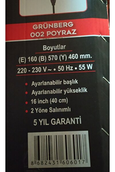 GRÜNBERG Df 16 Tx Poyraz Vantilatör