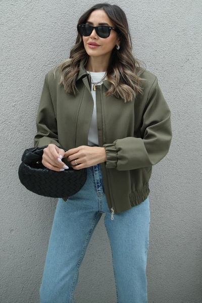 lovebox Γυναικείο διπλό ύφασμα με επένδυση ώμους και φερμουάρ 52 cm Khaki Bomber Jacket 54321