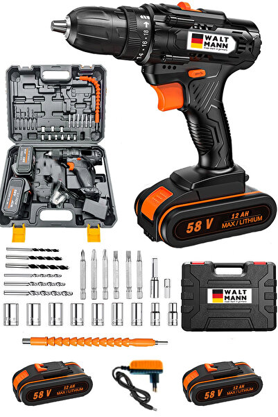 WaltMann Germany Black Tool 58 V 12 Amper 2 Akülü Çelik Şanzuman Bakır Sargılı Akülü Matkap + Mega Set